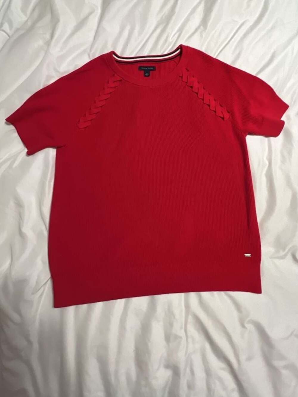 Tommy Hilfiger Red Ribbed Short Sleeve Sweater with Lattice Shoulder Detail